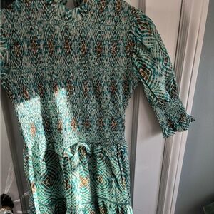 Victoria Dunn long green / brown ikat design dress